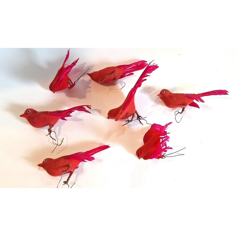 Red Flocked Feather Cardinal Bird Floral Picks Christmas Decor Set of 7
